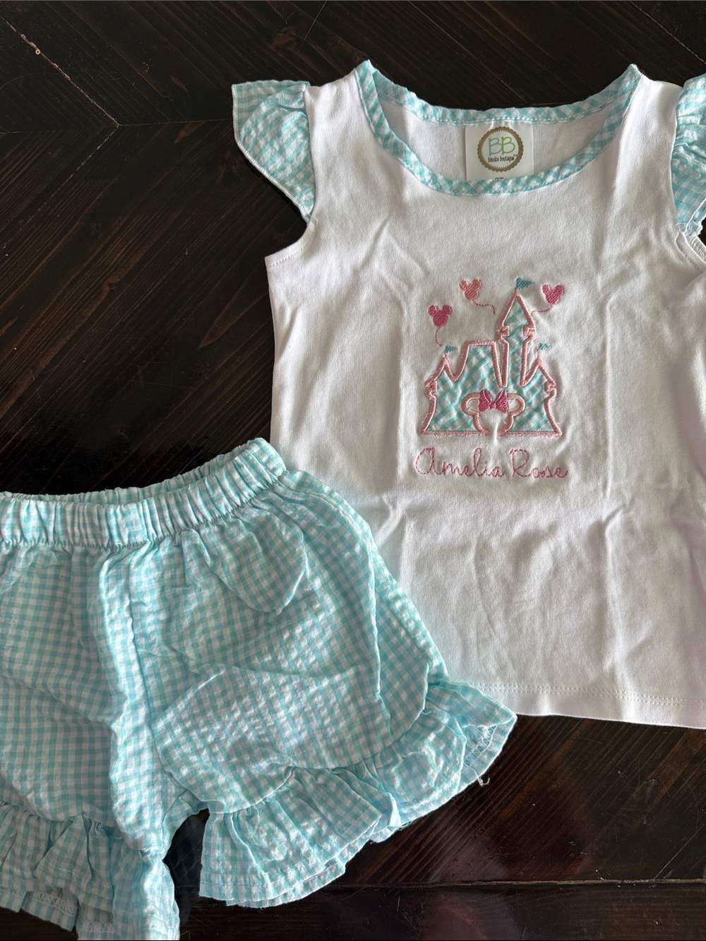 Personalized White & Aqua Gingham Disney Castle girls Set “Amelia Rose”